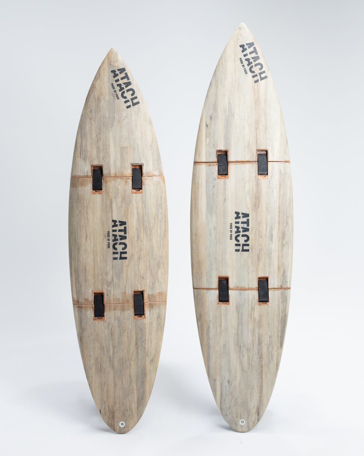 ATACH Agave three-part collapsible surfboard — reclaimed wood, modular hinge system